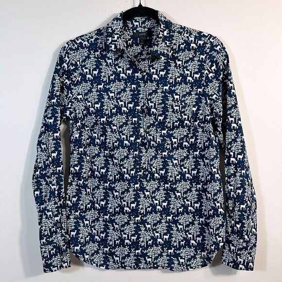 J. Crew Popover Blouse Deer Winter Blue White Longsleeve Top Women Size 2 - Picture 1 of 8